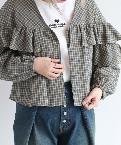 cepo(セポ)の「チェックフリルブラウス(シャツ/ブラウス・レディース・グリーン/ブラウン/ブラック/ベージュ・M)」の7枚目の写真