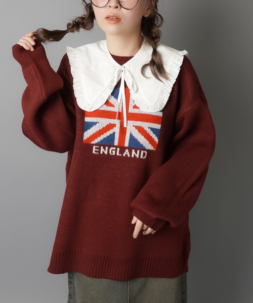 SPINNS（スピンズ）の「WORLD国旗ビッグジャガードニット（ニット/セーター・レディース・キナリ/杢グレー/バーガンディー/ネイビー・ONESIZE）」の4枚目の写真