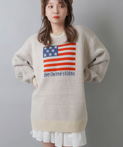 SPINNS（スピンズ）の「WORLD国旗ビッグジャガードニット（ニット/セーター・レディース・キナリ/杢グレー/バーガンディー/ネイビー・ONESIZE）」の14枚目の写真