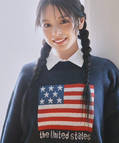 SPINNS（スピンズ）の「WORLD国旗ビッグジャガードニット（ニット/セーター・レディース・キナリ/杢グレー/バーガンディー/ネイビー・ONESIZE）」の13枚目の写真