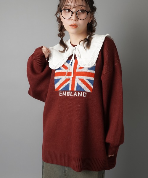 SPINNS（スピンズ）の「WORLD国旗ビッグジャガードニット（ニット/セーター・レディース・キナリ/杢グレー/バーガンディー/ネイビー・ONESIZE）」の22枚目の写真