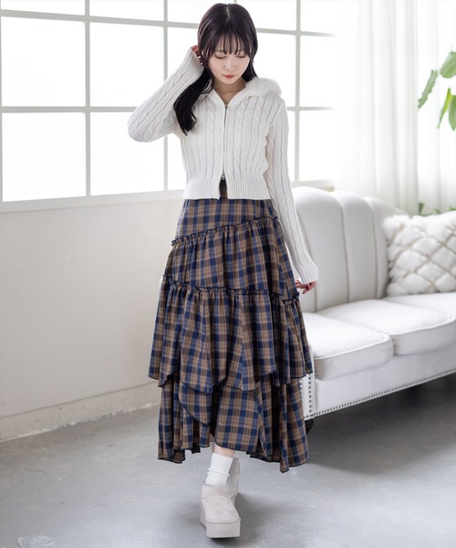 セール】柄ランダムティアードロングスカート[チェック柄 レトロ 大人