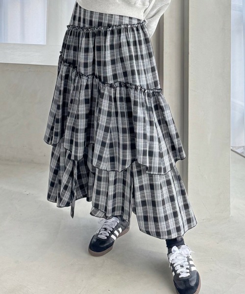 セール】柄ランダムティアードロングスカート[チェック柄 レトロ 大人
