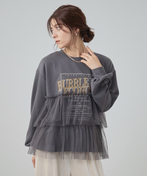 Cutie Blonde（キューティーブロンド）の「◆【S-LL】一枚でサマになる チュールドッキング ロゴスウェット（スウェット・レディース・ブラウン系その他/グレー/チャコールグレー・01/02/03/04）」の8枚目の写真