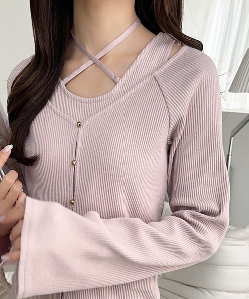 mily bilet(ミウィビレット)の「【mily bilet】ゴールドボタンが大人可愛い。オフショル2WAYレイヤードリブカットソー(長袖)(Tシャツ/カットソー・レディース・ピンク/アイボリー/ブラック・X-LARGE/SMALL/MEDIUM/LARGE)」の3枚目の写真