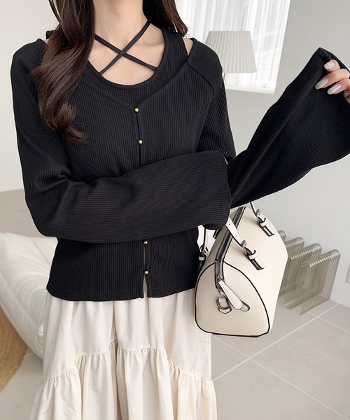 mily bilet(ミウィビレット)の「【mily bilet】ゴールドボタンが大人可愛い。オフショル2WAYレイヤードリブカットソー(長袖)(Tシャツ/カットソー・レディース・ピンク/アイボリー/ブラック・X-LARGE/SMALL/MEDIUM/LARGE)」の21枚目の写真