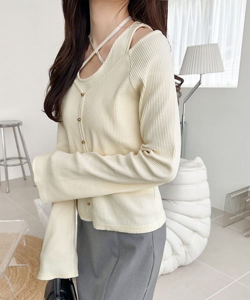mily bilet(ミウィビレット)の「【mily bilet】ゴールドボタンが大人可愛い。オフショル2WAYレイヤードリブカットソー(長袖)(Tシャツ/カットソー・レディース・ピンク/アイボリー/ブラック・X-LARGE/SMALL/MEDIUM/LARGE)」の13枚目の写真