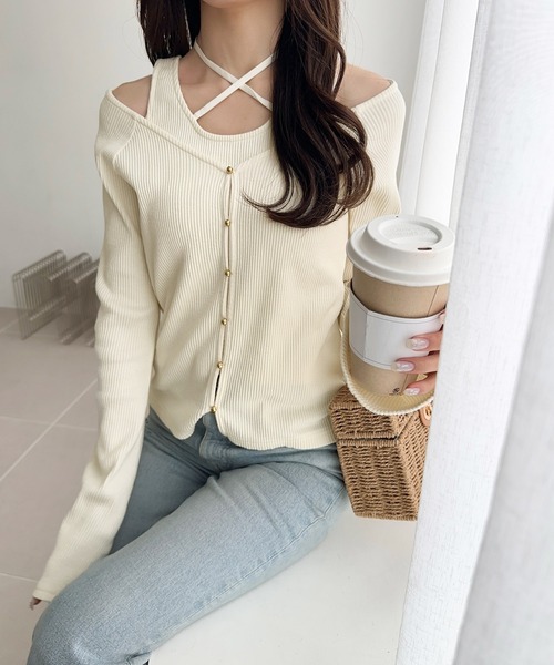 mily bilet(ミウィビレット)の「【mily bilet】ゴールドボタンが大人可愛い。オフショル2WAYレイヤードリブカットソー(長袖)(Tシャツ/カットソー・レディース・ピンク/アイボリー/ブラック・X-LARGE/SMALL/MEDIUM/LARGE)」の10枚目の写真