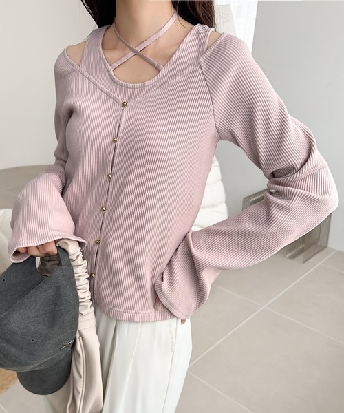 mily bilet(ミウィビレット)の「【mily bilet】ゴールドボタンが大人可愛い。オフショル2WAYレイヤードリブカットソー(長袖)(Tシャツ/カットソー・レディース・ピンク/アイボリー/ブラック・X-LARGE/SMALL/MEDIUM/LARGE)」の22枚目の写真