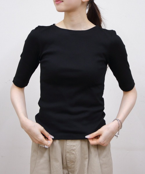 ORCIVAL（オーシバル）の「ORCIVAL/オーシバル　ボートネックハーフスリーブプルオーバー　BOATNECK HALF SLEEVE P.O.　OR-C0423 CMR（Tシャツ/カットソー・レディース・ブラック/オートミール/トップグレー・1）」の4枚目の写真