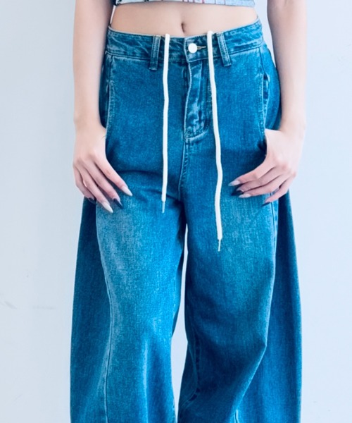 バレルレッグ】サイドタックルーズデニムパンツ（デニムパンツ