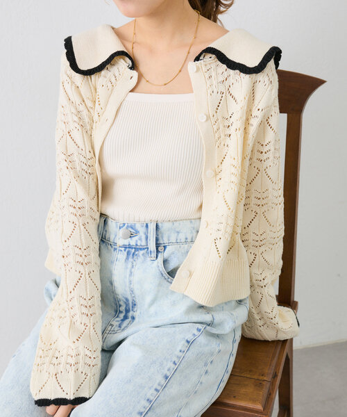 w closet(ダブルクローゼット)の「【SETアイテム】セーラー衿ハート柄キャミカーデ(カーディガン/ボレロ・レディース・アイボリー/ピンク/サックスブルー・FREE)」の6枚目の写真