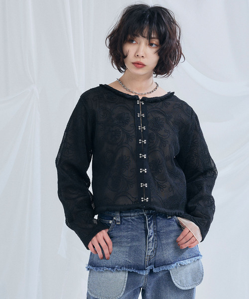 ELLEgirl（エルガール）の「コード刺繍メッシュカーディガン【ELLEgirl/エルガール】（カーディガン/ボレロ・レディース・ブラック/アイボリー・FREE）」の18枚目の写真