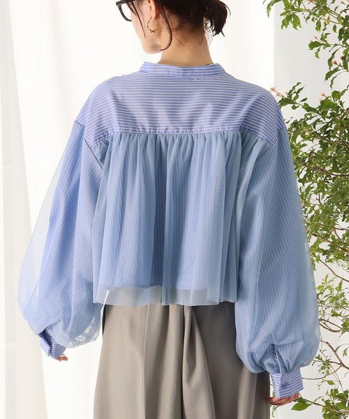 Ampirula（アンピルーラ）の「チュールレイヤードストライプクロップドシャツ（シャツ/ブラウス・レディース・ブラック/ブルー/ホワイト・FREE）」の6枚目の写真