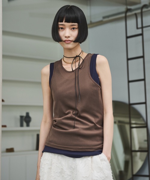 AIC.（エーアイシー）の「リブタンク/シアーアメスリタンクアンサンブル（タンクトップ・レディース・ブラウン/オフホワイト/ブラック・FREE）」の3枚目の写真
