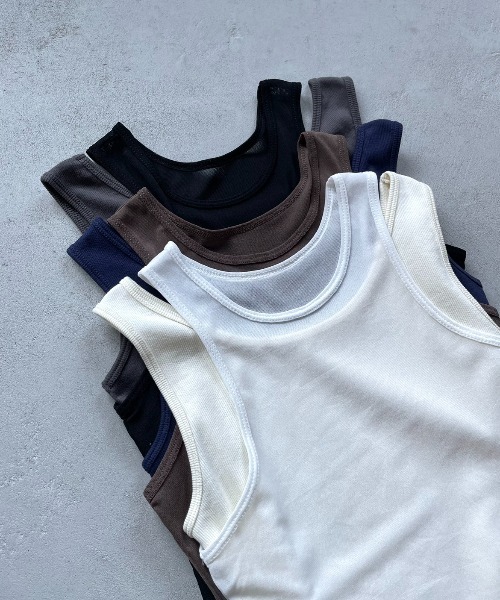 AIC.（エーアイシー）の「リブタンク/シアーアメスリタンクアンサンブル（タンクトップ・レディース・ブラウン/オフホワイト/ブラック・FREE）」の4枚目の写真