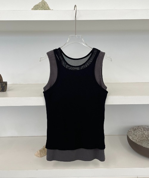 AIC.（エーアイシー）の「リブタンク/シアーアメスリタンクアンサンブル（タンクトップ・レディース・ブラウン/オフホワイト/ブラック・FREE）」の6枚目の写真