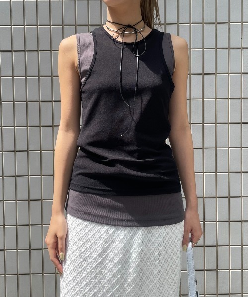 AIC.（エーアイシー）の「リブタンク/シアーアメスリタンクアンサンブル（タンクトップ・レディース・ブラウン/オフホワイト/ブラック・FREE）」の7枚目の写真