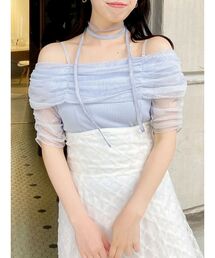 イタリア購入 ベイビーブルーお上品オフショルダー肩魅せカットソー 肩あき」に該当するレディースのトップス（ブルー・ネイビー/青色系