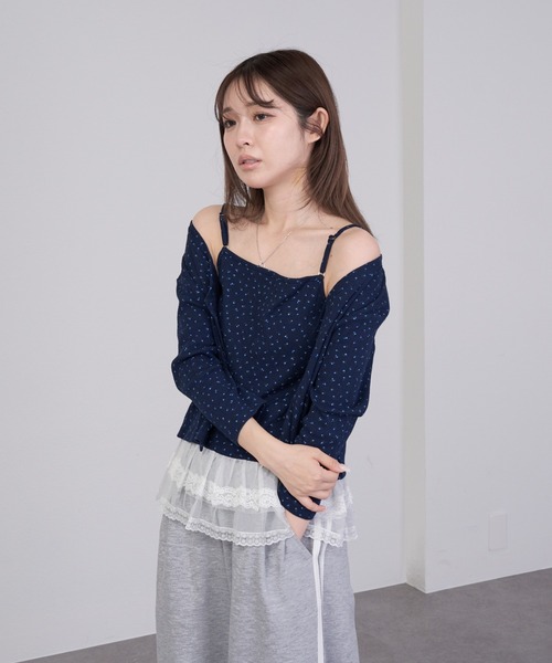 セール】7分袖パターンメッシュフリルキャミセット