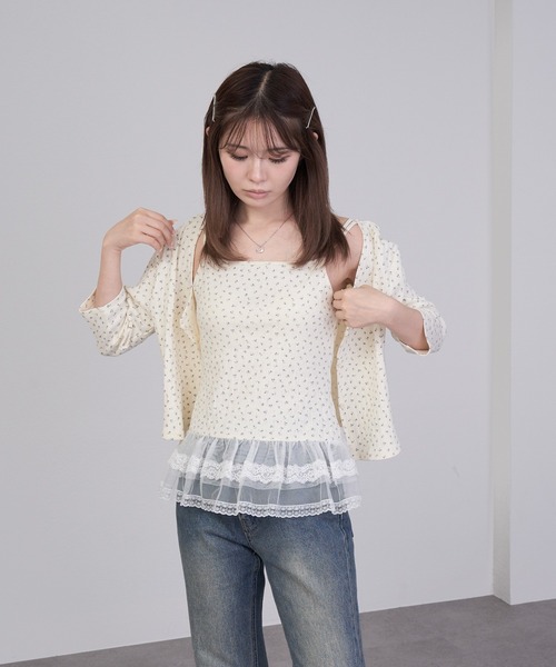 レイカズン パターンメッシュフリルキャミSET 7分袖パターンメッシュフリルキャミセット（Tシャツ/カットソー