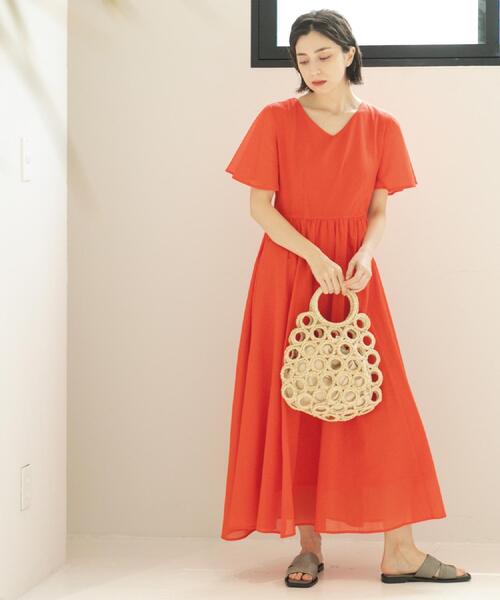 セール】Vネックフィット＆フレアドレス/オーガニックコットン混