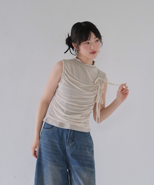 セール】ギャザー ノースリーブ トップス カットソー