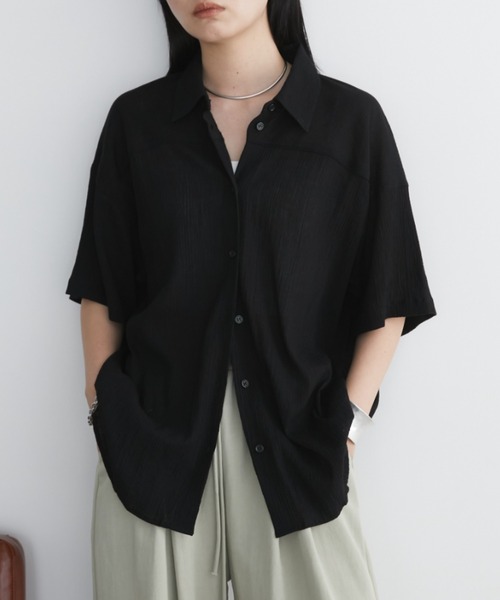 Aunt Marie's(アントマリーズ)の「ワッシャーシアーハーフスリーブシャツ(シャツ/ブラウス・レディース・ブルー/アイボリー/ブラック/ライトピンク・FREE)」の3枚目の写真