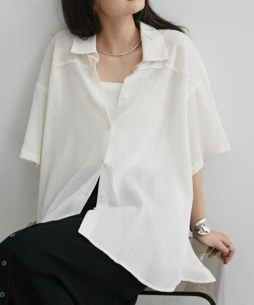 Aunt Marie's(アントマリーズ)の「ワッシャーシアーハーフスリーブシャツ(シャツ/ブラウス・レディース・ブルー/アイボリー/ブラック/ライトピンク・FREE)」の7枚目の写真