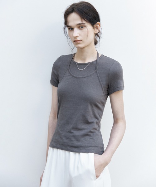 tageechita(タジチタ)の「【tageechita】ホルターネックレイヤードTシャツセット(Tシャツ/カットソー・レディース・アイボリー/チャコールグレー/ライトブルーグレー・S/M/L)」の3枚目の写真