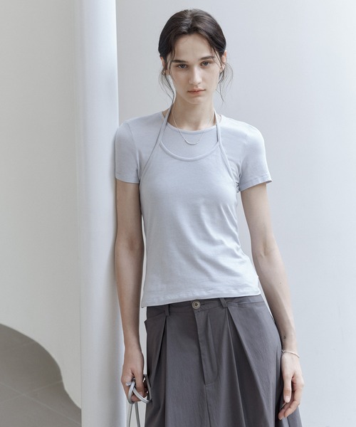 tageechita(タジチタ)の「【tageechita】ホルターネックレイヤードTシャツセット(Tシャツ/カットソー・レディース・アイボリー/チャコールグレー/ライトブルーグレー・S/M/L)」の1枚目の写真