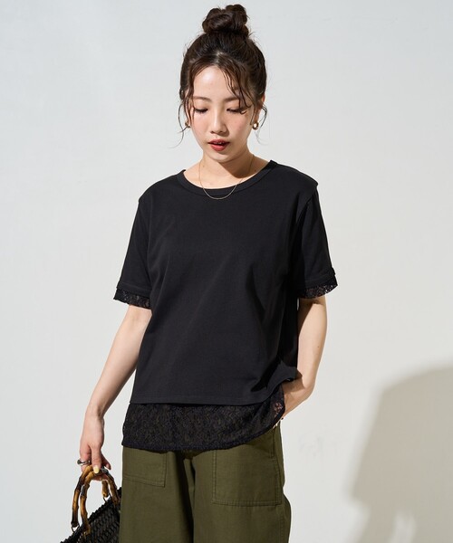 セール】限定展開 レース 切り替え レイヤード 半袖 Tシャツ