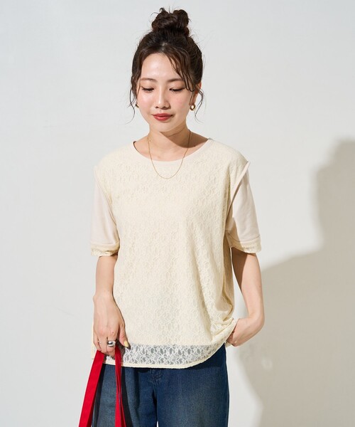 セール】限定展開 レース 切り替え レイヤード 半袖 Tシャツ