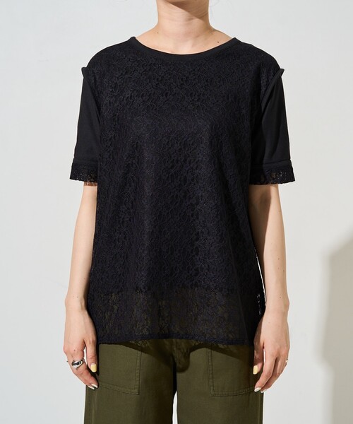 セール】限定展開 レース 切り替え レイヤード 半袖 Tシャツ