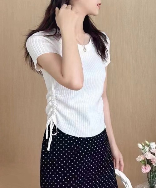 ROOPTOKYO（ループトウキョウ）の「ドロストデザインサマーリブニットトップス（ニット/セーター・レディース・ブラック系1/カーキ/アイボリー/ブルー/アイボリー系/ブラック系2/ピンク/ホワイト・FREE）」の2枚目の写真