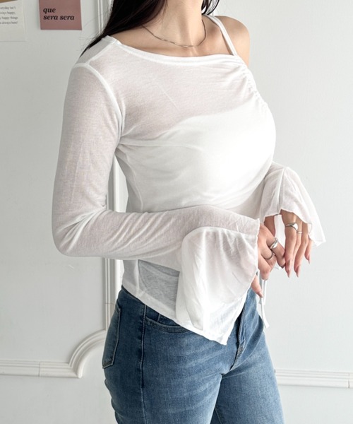 wears(ウェアーズ)の「ワンオフショルダー サイドギャザー袖フリルトップス(Tシャツ/カットソー・レディース・グレー/ブラック/ホワイト・FREE)」の8枚目の写真