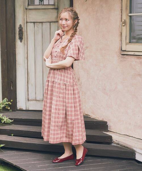 areeam シアースリーブチェックワンピース ライトピンク スナイデル