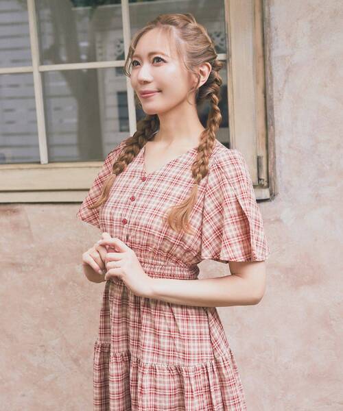 アリーム シアースリーブチェックワンピース セール】スリットスリーブチェックワンピース（ワンピース