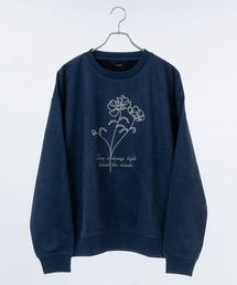 【a】〔NAIVE MAGIC〕裏起毛カットスウェード チェーン フラワーエンブロイダリー クルーネックスウェット