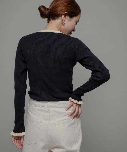 洗濯可』袖口フリルクルーネックプルオーバー（ニット/セーター