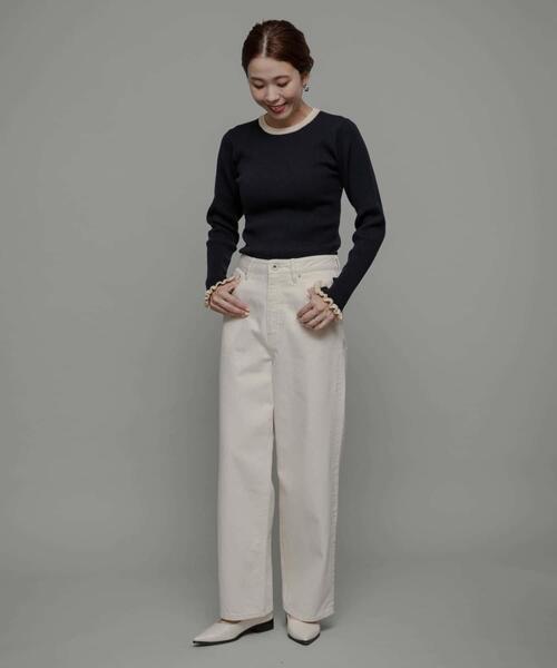 URBAN RESEARCH Sonny Label（アーバンリサーチサニーレーベル）の「『洗濯可』袖口フリルクルーネックプルオーバー（ニット/セーター・レディース・ブラウン/ネイビー/グレー/ホワイト×グレー・FREE）」の18枚目の写真