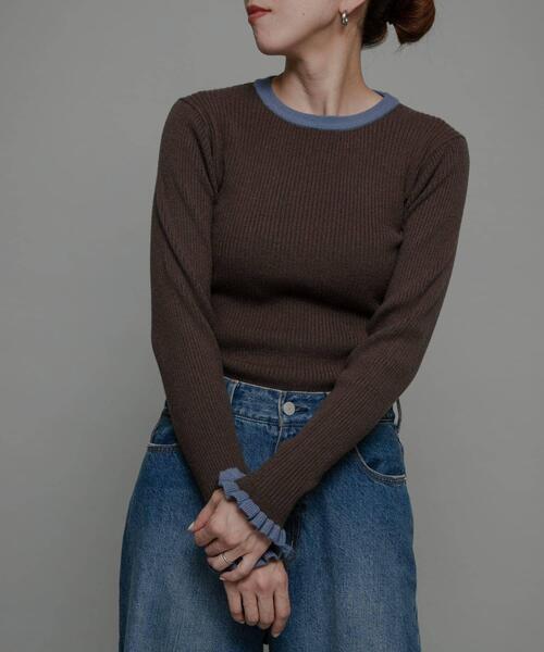 【新品未使用タグ付】 ノーブル 袖口フリルプルオーバー ニット クルーネック 洗濯可』袖口フリルクルーネックプルオーバー（ニット/セーター