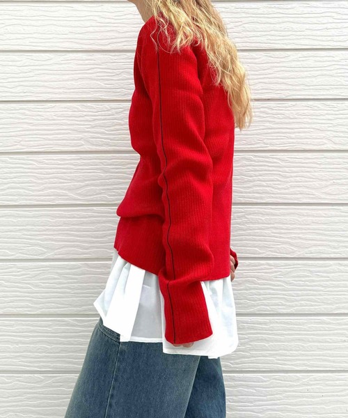 Q（キュー）の「やわもちラインクルーネックニット（ニット/セーター・レディース・レッド/ブラック・MEDIUM）」の14枚目の写真