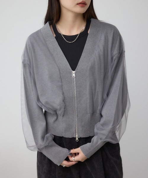 AZUL by moussy（アズールバイマウジー）の「チュールドッキングニットカーディガン（カーディガン/ボレロ・レディース・ブラック/杢グレー/アイボリー・FREE）」の3枚目の写真