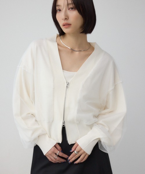 AZUL by moussy（アズールバイマウジー）の「チュールドッキングニットカーディガン（カーディガン/ボレロ・レディース・ブラック/杢グレー/アイボリー・FREE）」の2枚目の写真