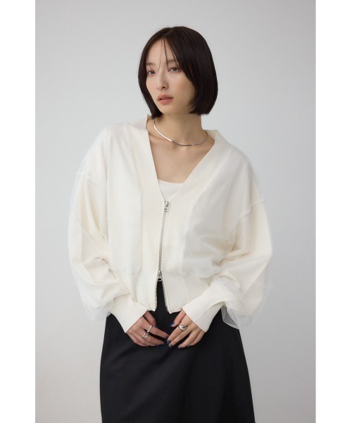 AZUL by moussy（アズールバイマウジー）の「チュールドッキングニットカーディガン（カーディガン/ボレロ・レディース・ブラック/杢グレー/アイボリー・FREE）」の6枚目の写真