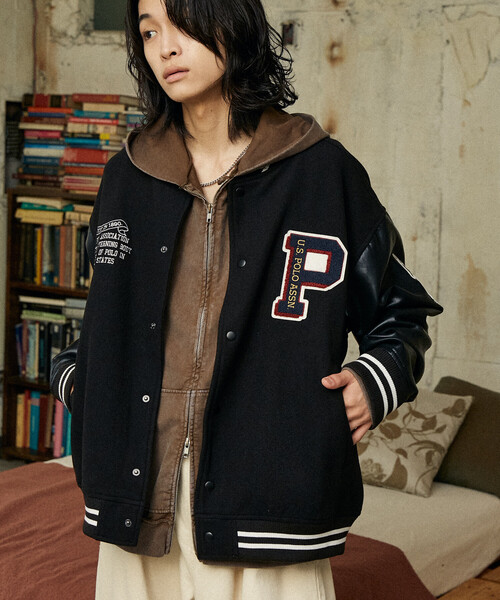 U.S. POLO ASSN.(ユーエスポロアッスン)の「U.S. POLO ASSN./ユーエスポロアッスン 別注 FAKE LEATHER STADIUM JACKET/メルトンフェイクレザースタジャン(限定展開)(ブルゾン・メンズ・ネイビー/ブラック・SMALL/LARGE/MEDIUM)」の5枚目の写真