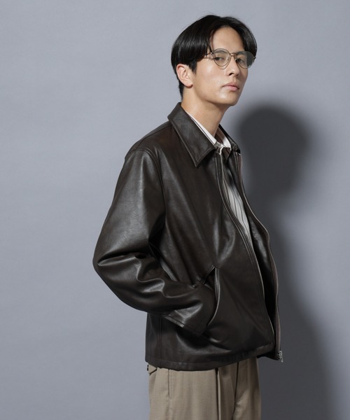 ヴィンテージライクフェイクレザー スポーツジャケット（ブルゾン