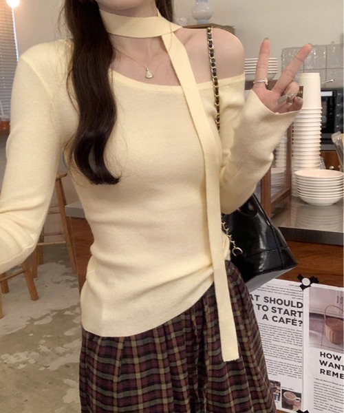 kirakiraShop（キラキラショップ）の「リボン付き ワンショルダー 長袖 ニット Tシャツ（Tシャツ/カットソー・レディース・グレー/クリーム/ブラック・FREE）」の8枚目の写真