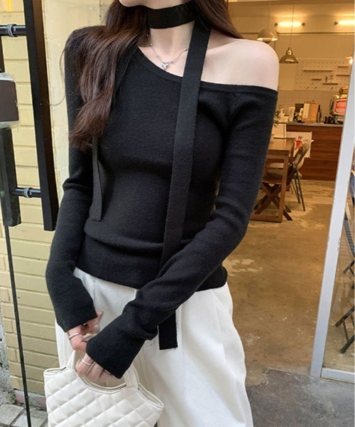 kirakiraShop（キラキラショップ）の「リボン付き ワンショルダー 長袖 ニット Tシャツ（Tシャツ/カットソー・レディース・グレー/クリーム/ブラック・FREE）」の16枚目の写真